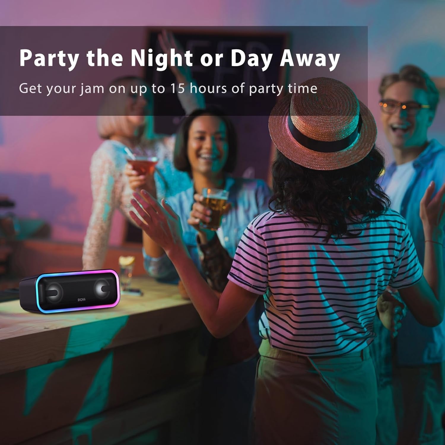 Soundbox Pro+ Bluetooth Speaker, Immersive 24W Stereo Sound with Booming Bass, IPX6 Waterproof, 15H Playtime, Mixed Colors Lights, Christmas and White Elephant Gift for Adults, Men, Women-Black