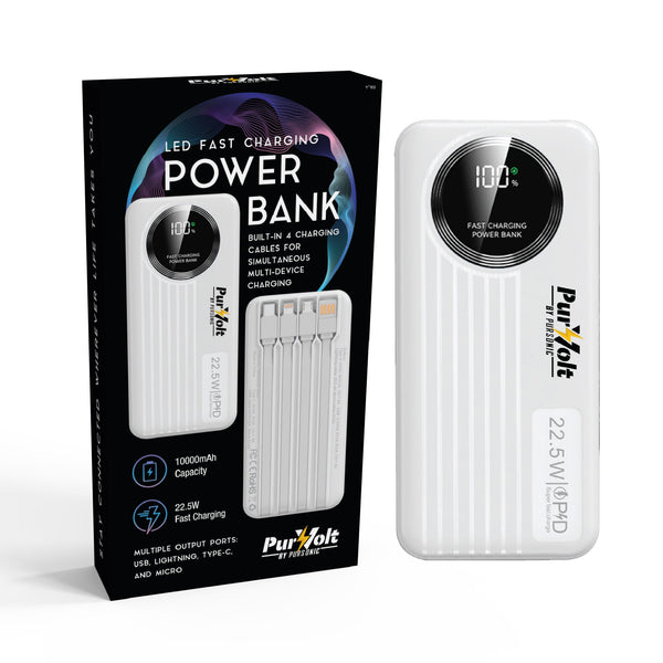 Pursonic 10,000mAh LED Fast Charging Power Bank – Built-in Cables, 22.5W Output, Type-C/USB/Lightning Compatibility