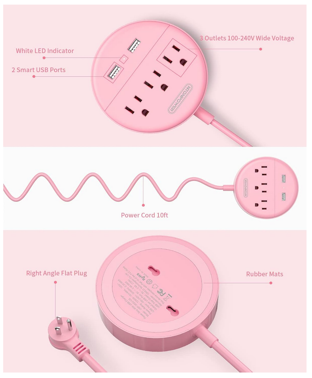 10 Ft Long Extension Cord Power Strip with USB,  Pink Charging Station with 3 Outlet and 2 USB, Travel Power Strip Flat Plug, Wall Mount for Home Office Dorm Room and Cruise Ship, ETL Listed