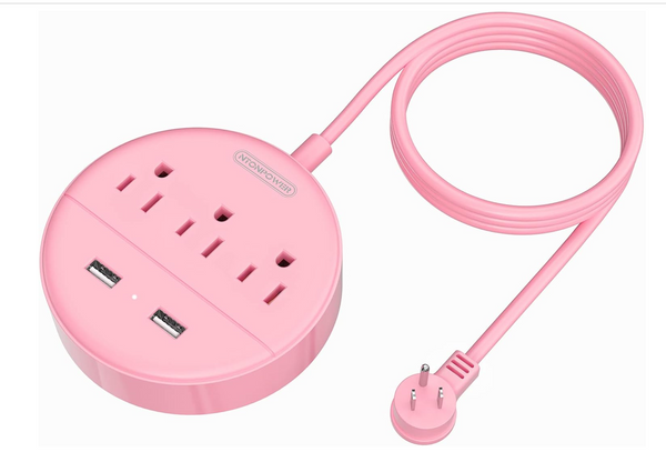 10 Ft Long Extension Cord Power Strip with USB,  Pink Charging Station with 3 Outlet and 2 USB, Travel Power Strip Flat Plug, Wall Mount for Home Office Dorm Room and Cruise Ship, ETL Listed